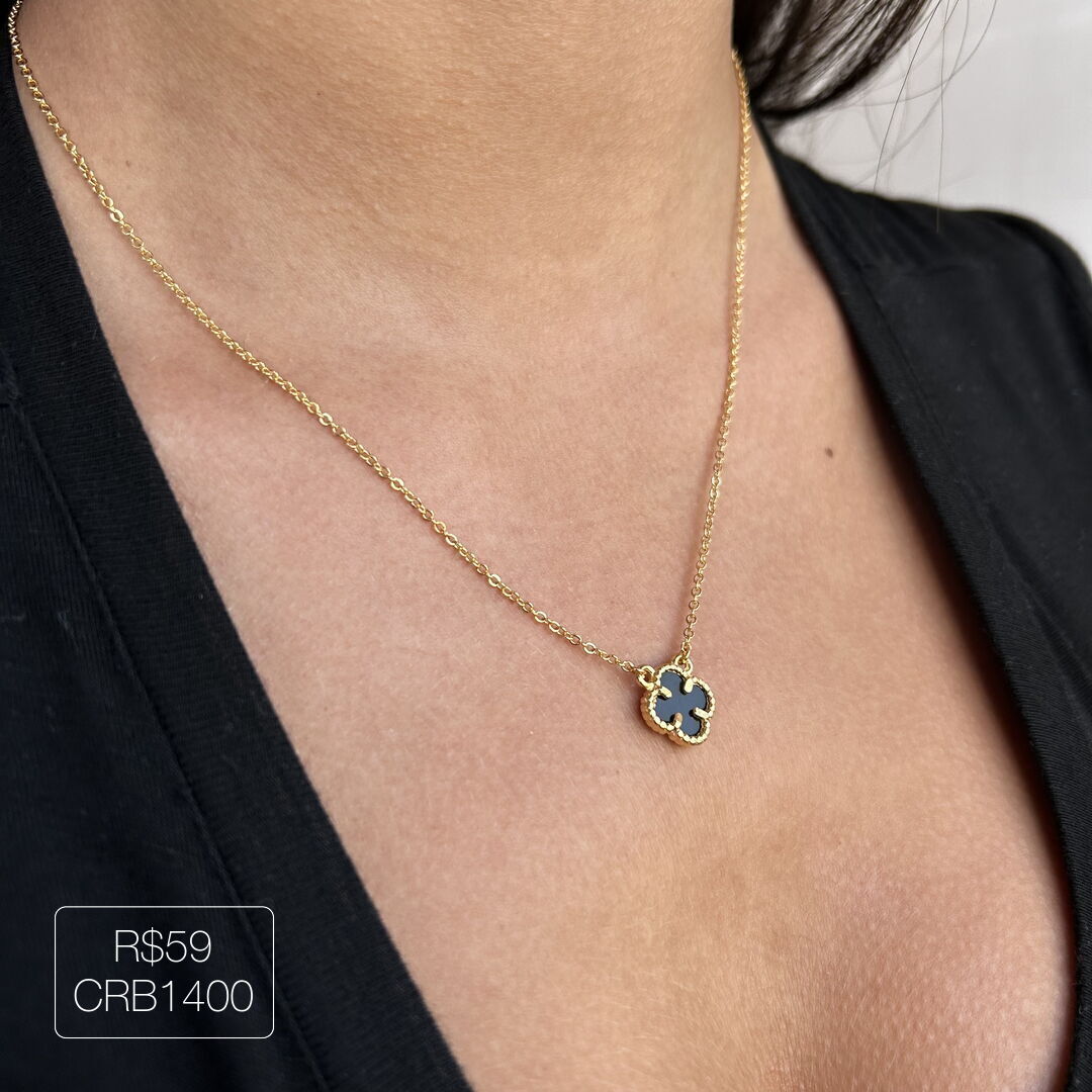 Colar V@n Cleef c/ 1 Pingente P Preto Dourado